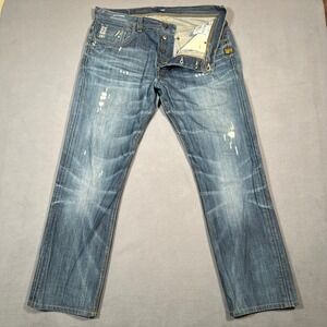 G Star RAW Jeans Men 38x31 Blue Straight 3301 Stretch Denim Whiskering Thrashed
